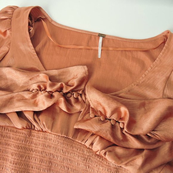 Free People Santiago Blouse long sleeve satin smocked bodice Cinnamon Pink - Picture 4 of 12